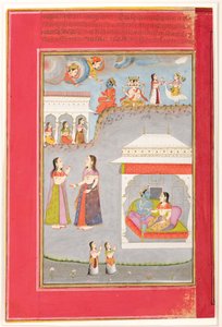 Labdhapraudha Nayika：パビリオンの恋人、上記のカーマ、ブラフマー、サラスヴァティ、1750（紙に不透明なwcと金） 作： Kassam